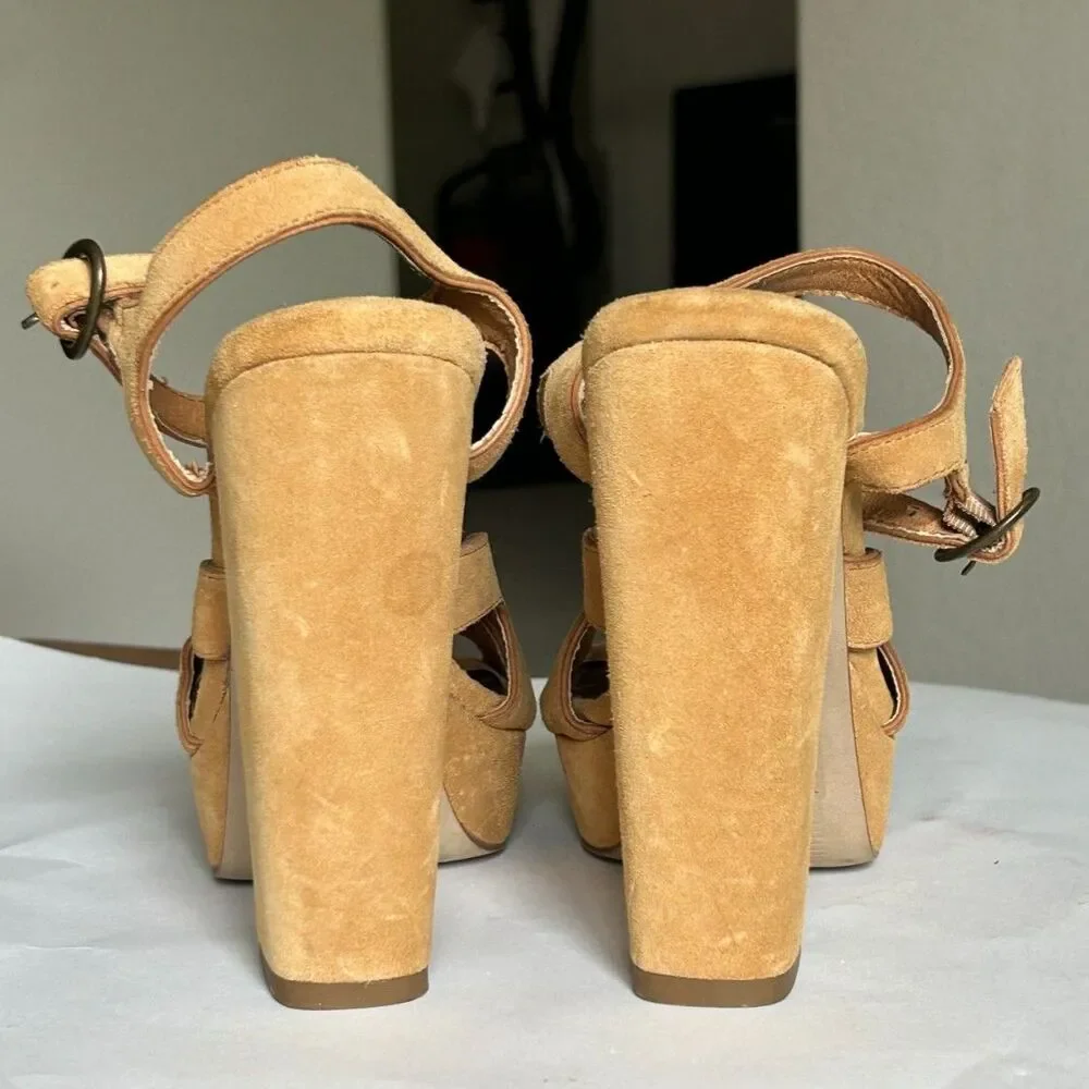 Zodiac USA ‘Tanya’ Tan Suede Platform Chunky Heels Sandals - Size 8
